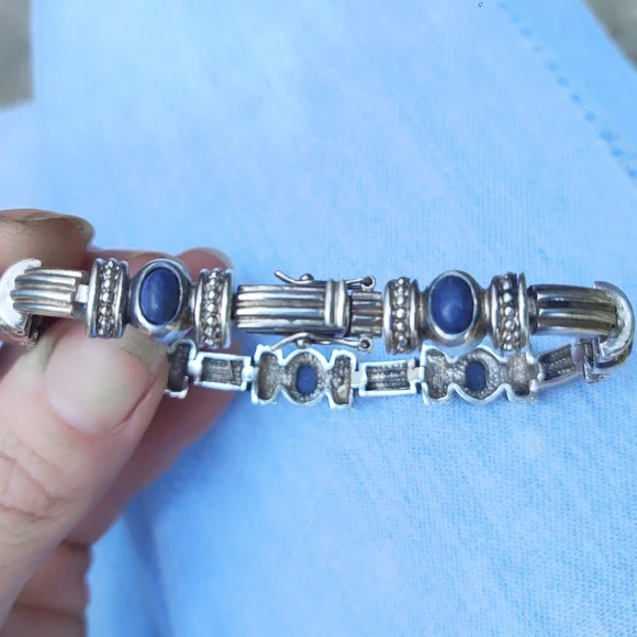 Vintage Lapis Sterling Silver, Heavy Link Bracelet - Picture 4 of 8